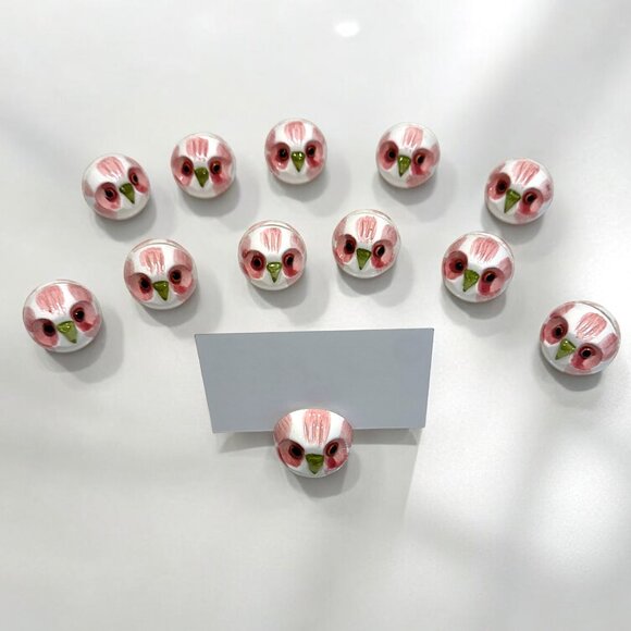 Set of 12 Ceramic Owls Hand Painted Place cards HolderS Dainty Small White Pink - Picture 1 of 8